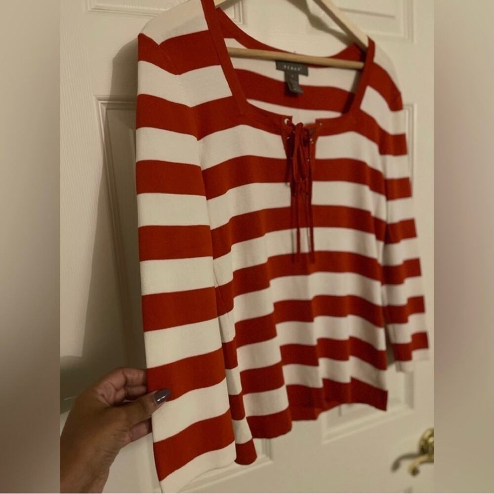 Kenar Cream Lace Up Tie Front Stripe Lightweight Career Sweater Size Small